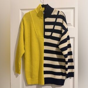 NWOT STAUD Yellow and Navy / White Striped Quoter Zipped Sweater